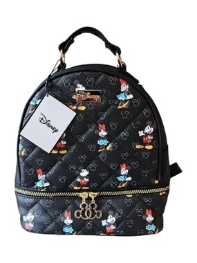 Mickey Minnie Small Quilted Backpack Purse Shoulder Bag Black Mini